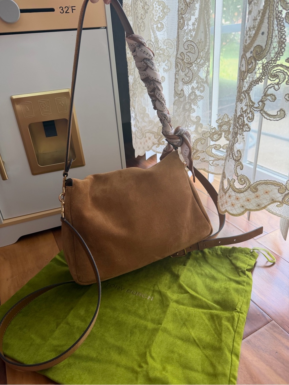 Tory Burch Charlie Medium Suede Shoulder Bag in Tan Brown with Scarf - Picture 4 of 8
